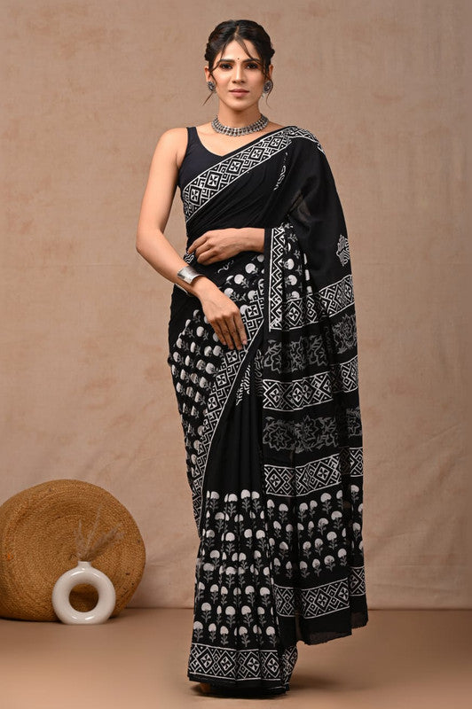 Black & White Coloured Hand Block Bagru, Dabu & Batik Dye Print Women Designer Party wear Pure Cotton Saree with Runnin Blouse!!