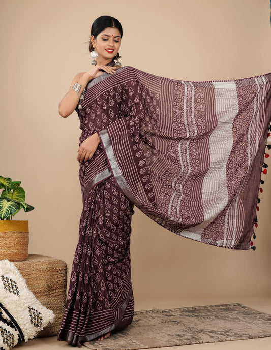 LINEN COTTON HAND PRINTED  SAREE WITH TAUSSAL