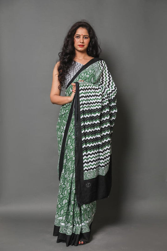 Green & Black Coloured Beautiful Hand Block printed Women Daily/Party wear Pure Mul Cotton Saree with Blouse!!