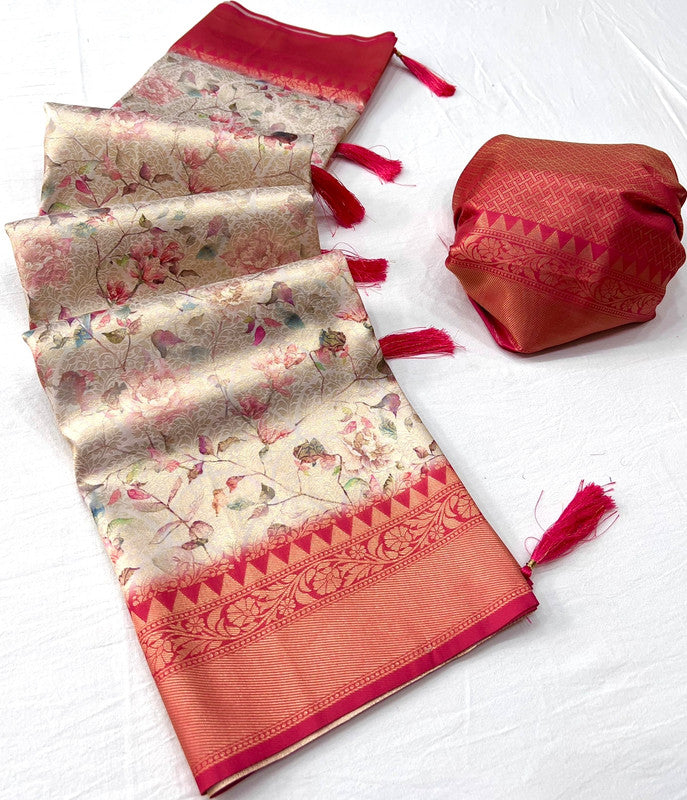 Red & Multi Coloured Jacquard Handloom Silk with Fancy Latkan Women Party wear Saree with Fancy Blouse!!