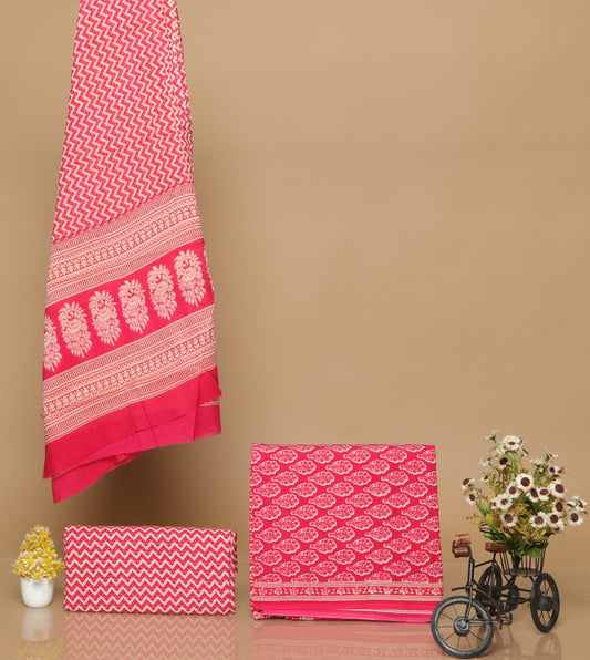 Pink Cotton Hand Printed Dress Material with Salwar & Cotton Dupatta!!