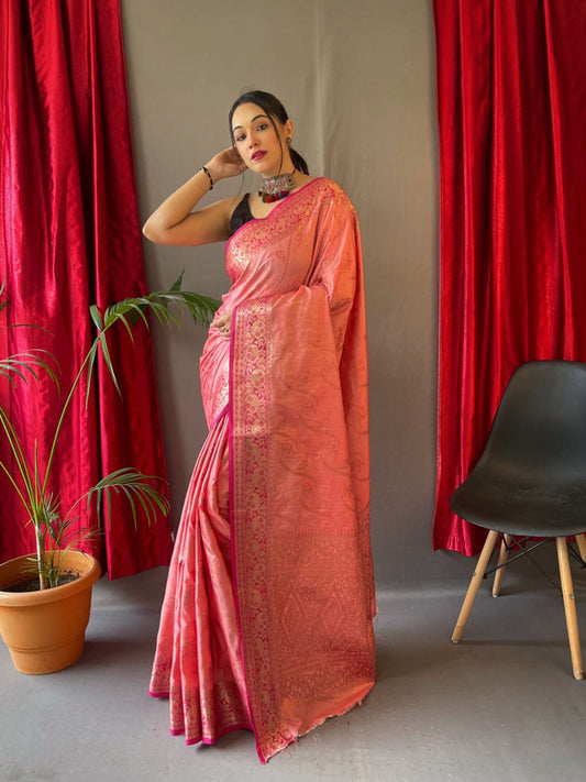 PURE COTTON LINEN SAREE WITH  COPPER AND ROSE  GOLD ZARI