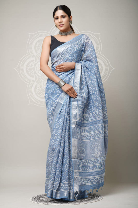 Light Blue & White Coloured Exclusive Hand Block printed Women Daily/Party wear Linen Cotton Saree with Blouse!!