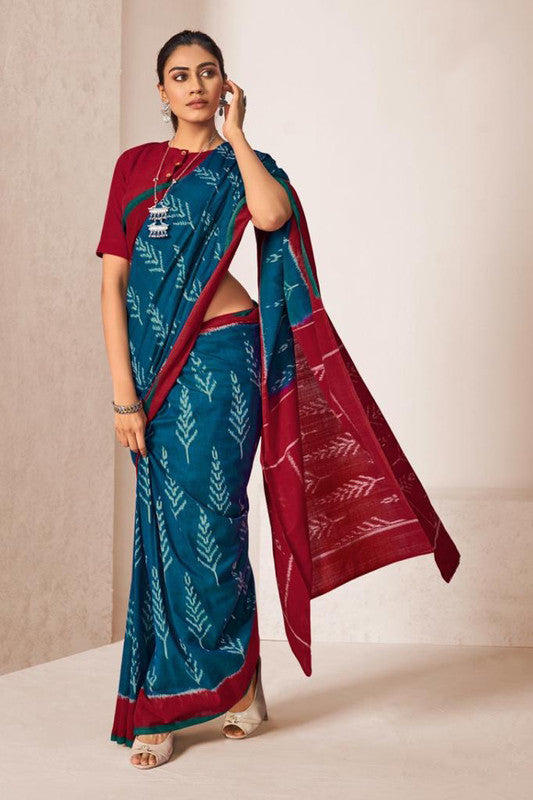 Dark Rama Blue & Multi Coloured Soft Chanderi Cotton with Bagru Print Women Party wear Saree with Beautiful matching Blouse!!