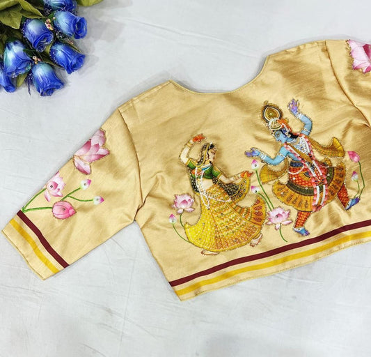 Radha Krishna Gold Pure Silk Handmade work Readymade Blouse!!