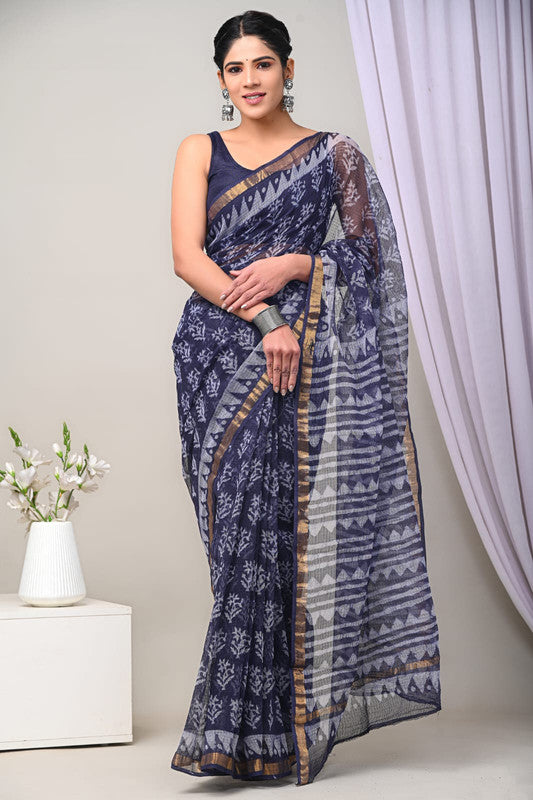 Blue & Multi Coloured Kota Doriya Cotton Beautiful Hand Block printed Women Daily/Party wear Saree with Blouse!!