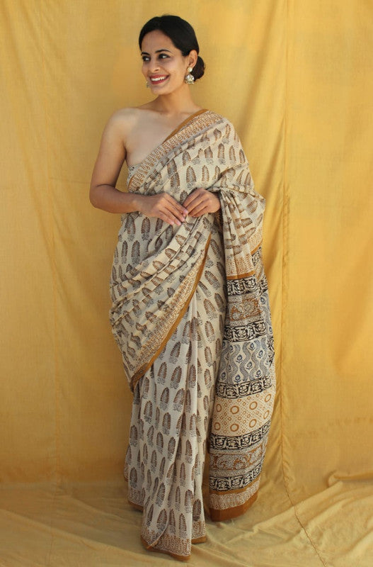 Beige & Multi Coloured Pure Cotton Beautiful Hand Block printed Women Daily/Party wear Saree with Blouse!!