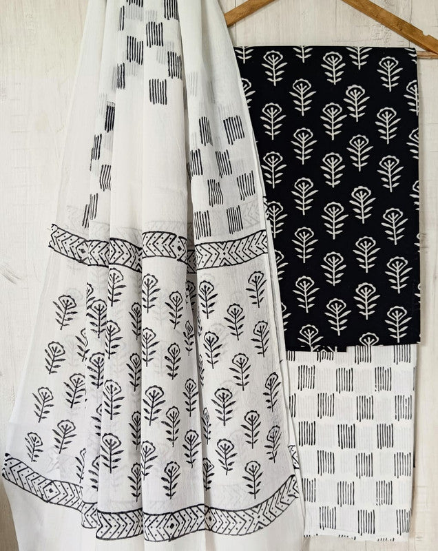 Black & White Coloured Unstitched Pure Cotton Hand Block Printed Women Party/Daily wear Dress Material Suit- Top with Bottom & Cotton Dupatta!!