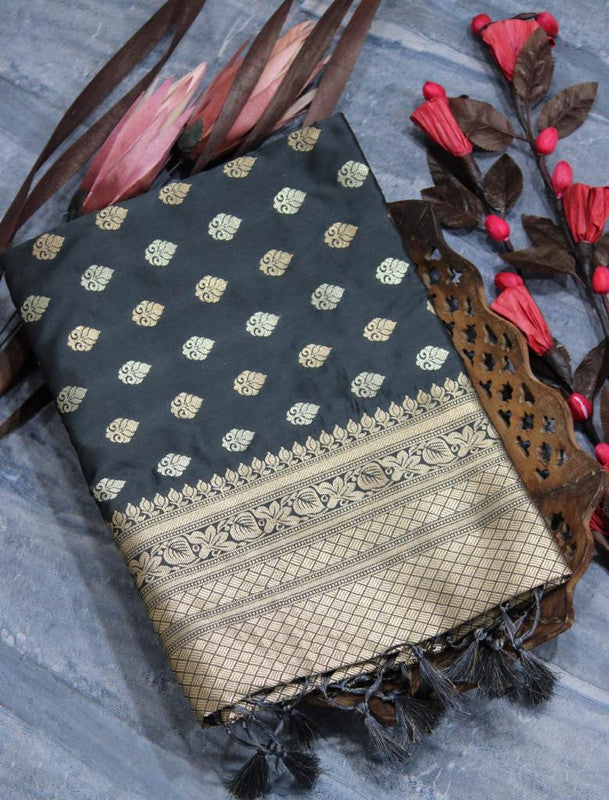 Dark Grey Coloured Soft Banarasi Katan Silk with Pure Zari Weaves fancy tassels Women Designer Party wear Saree with Blouse!!