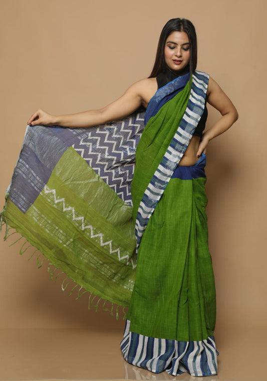 LINEN COTTON HAND BLOCK PRINT SAREE