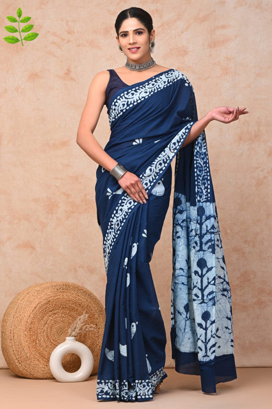 Navy Blue & White Coloured Pure Cotton Beautiful Hand Block printed Women Daily/Party wear Saree with Blouse!!