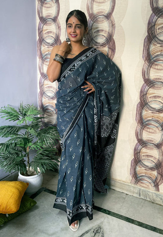 Dark Grey & White Coloured Premium Mul Mul Cotton Beautiful Hand Block printed Women Daily/Party wear Saree with Blouse!!