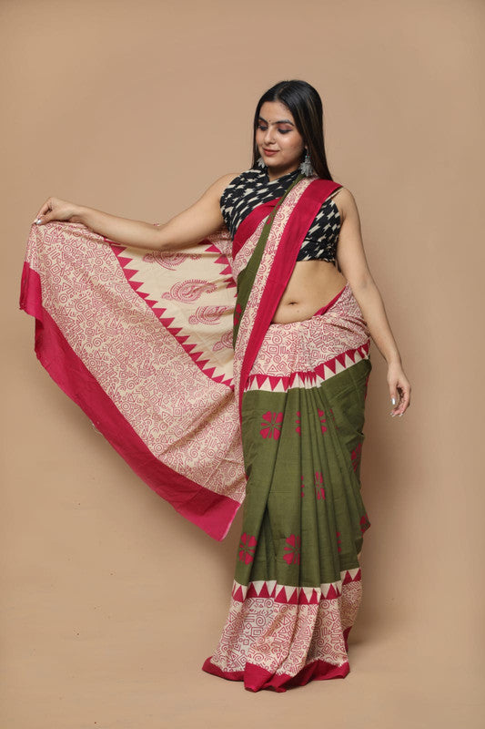 Green & Red Coloured Exclusive Hand Printed Mul Cotton Saree with Blouse!!