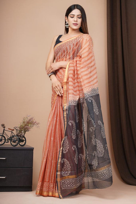 Orange & Grey Coloured Beautiful Hand Block printed Women Daily/Party wear Kota Doriya Cotton Saree with Blouse!!