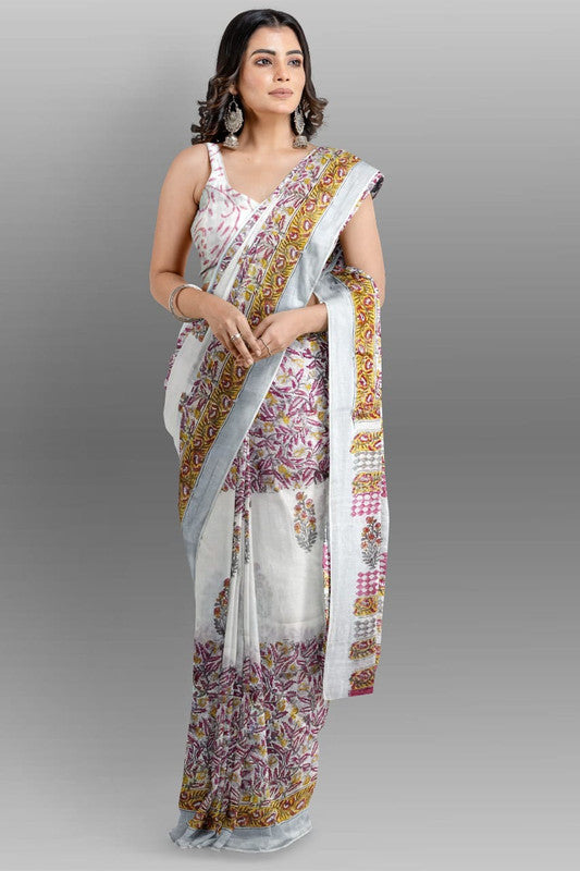 White & Multi Coloured Linen Cotton Beautiful Hand Block printed Women Daily/Party wear Saree with Blouse!!