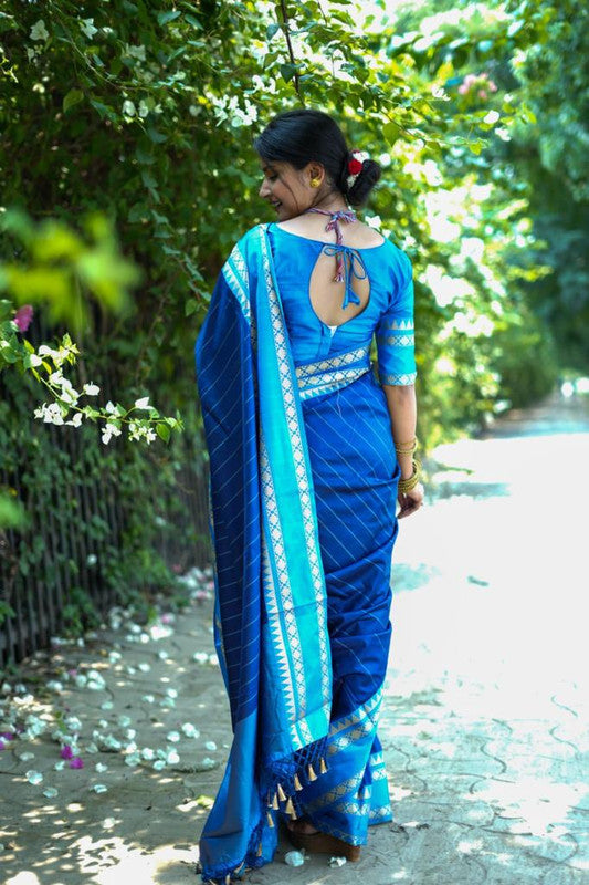 Blue & Sky Blue Coloured Exclusive Soft Raw Silk with Contrast Temple woven Border Women Party wear Soft Raw Silk Saree with Blouse!!