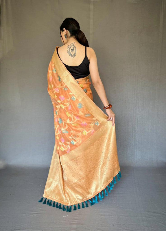 Orange Coloured Pure Organza Tissue Silk with Zari Weaving Meena Work  Women Designer Party wear Silk Saree with Blouse!!