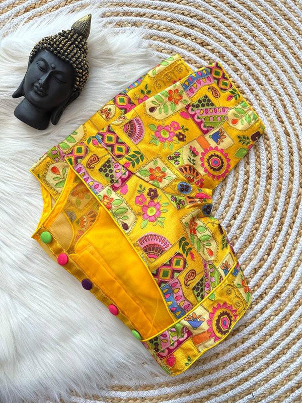 Yellow & Multi Coloured Premium Malai Silk Multi Work 5 Colour Button Woman Ready made Designer fancy Blouse- Free Size Up to 42 Inch!!