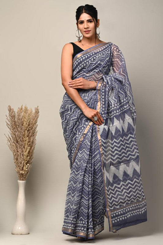 Grey & Multi Coloured Kota Doriya Cotton Beautiful Hand Block printed Women Daily/Party wear Saree with Blouse!!