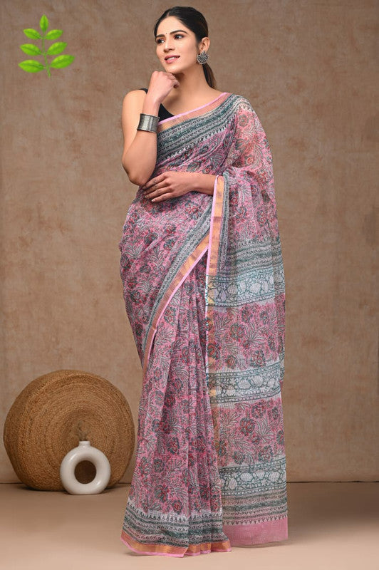 Pink & Multi Coloured Kota Doriya Cotton Beautiful Hand Block printed Women Daily/Party wear Saree with Blouse!!