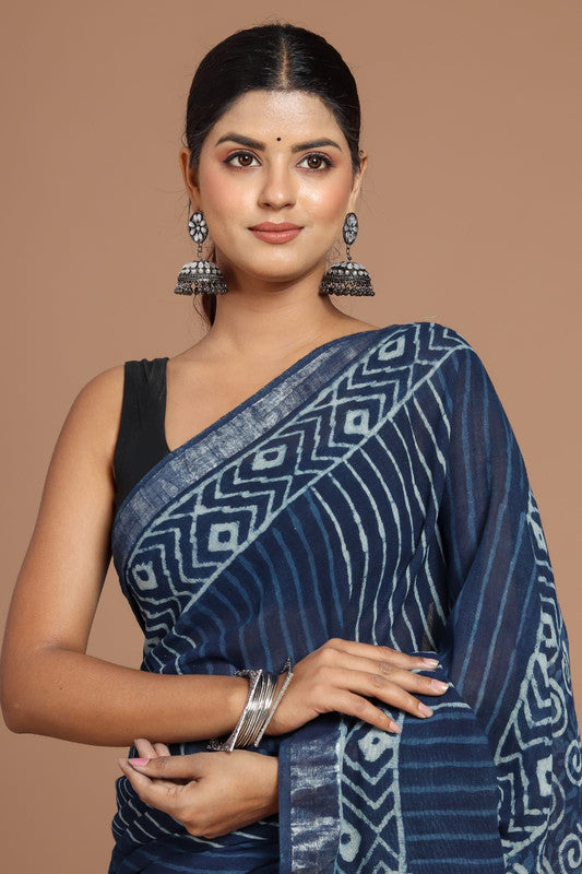 Blue & Multi Coloured Linen Cotton Beautiful Hand Block printed Women Daily/Party wear Saree with Blouse!!