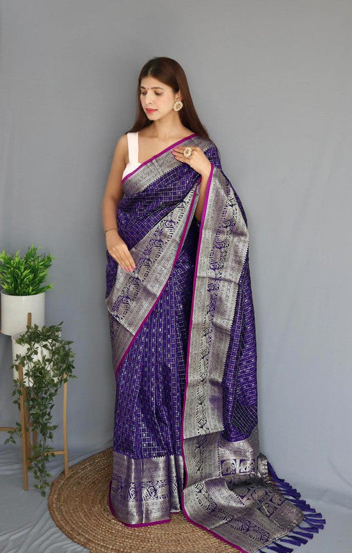 Blue & Red Coloured Beautiful Shiny Checks with Rich Pallu and attractive Border Women Party wear Soft Silk Saree with Blouse!!