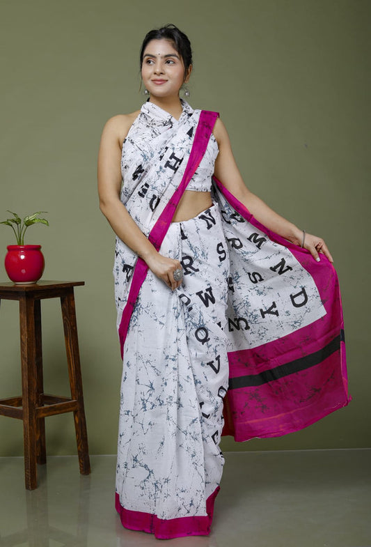 White & Multi Coloured Hand Printed Super dying Quality Mul Cotton Women Daily wear Saree with Blouse!!