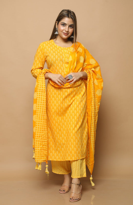 Yellow & Mustard Yellow Coloured Pure Cotton with Print & Taussal Work Women Designer Party wear Fully Stitched Kurti with Salwar & Dupatta!!