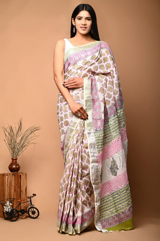 Pink & Multi Coloured Linen Cotton Beautiful Hand Block printed Women Daily/Party wear Saree with Blouse!!