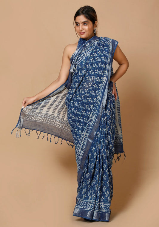 LINEN COTTON HAND BLOCK PRINT SAREE WITH BLOUSE!!