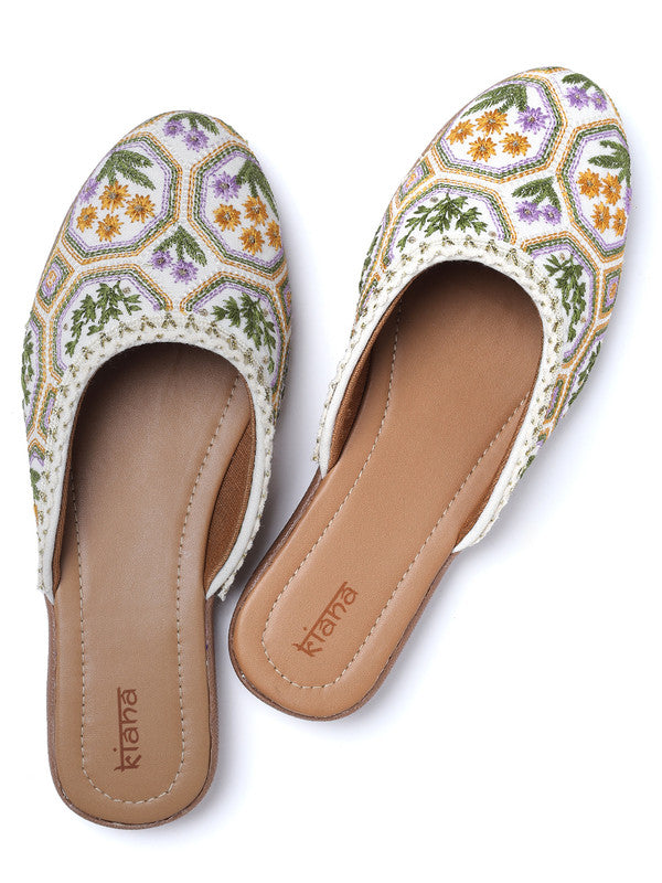 Women's Embroidered White Canvas Round Toe Bellies!!