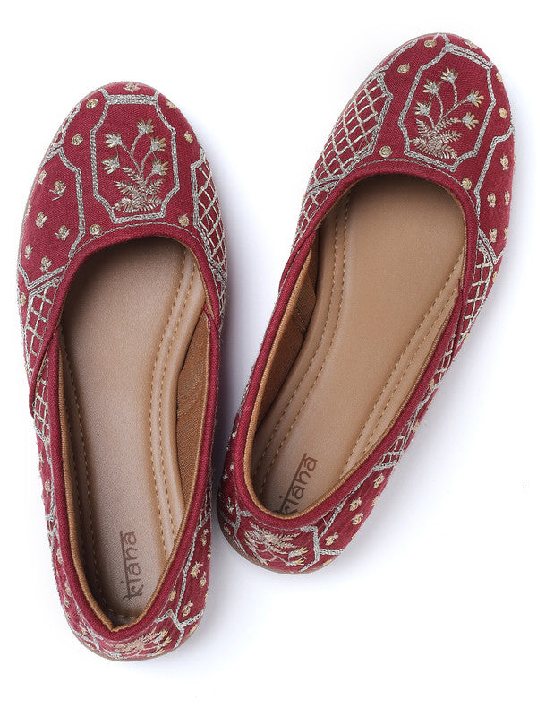 Women's Embroidered Maroon Canvas Round Toe Bellies!!