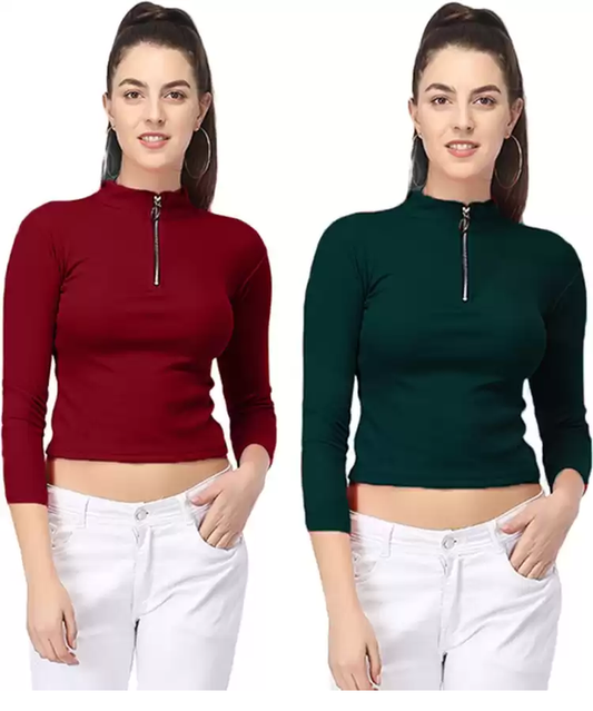 Front Zip Ribbed Top Free Size( Chest from 22 to 34)