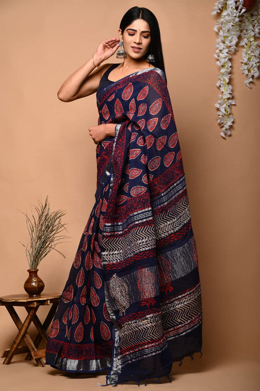 Navy Blue & Multi Coloured Linen Cotton Beautiful Hand Block printed Women Daily/Party wear Saree with Blouse!!