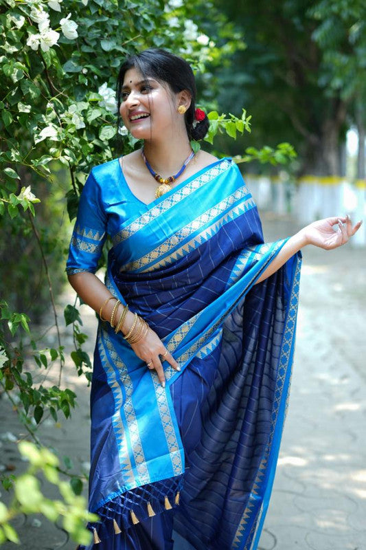 Blue & Sky Blue Coloured Exclusive Soft Raw Silk with Contrast Temple woven Border Women Party wear Soft Raw Silk Saree with Blouse!!