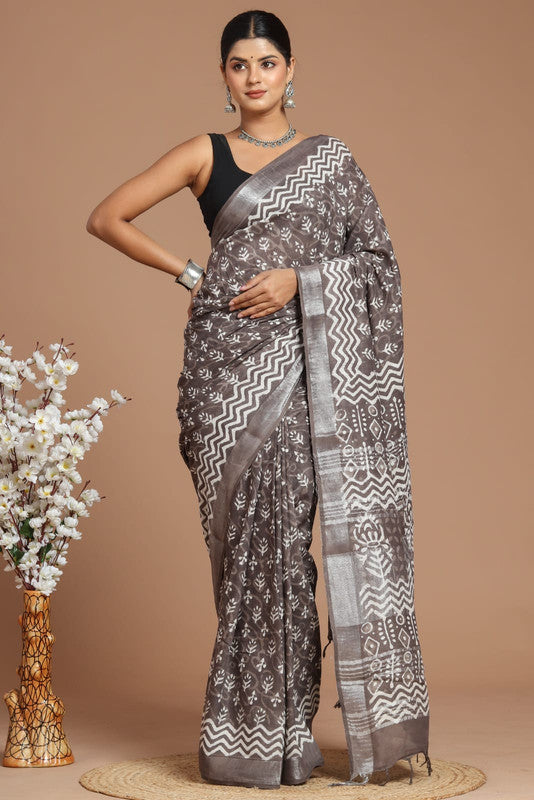 Grey & Multi Coloured Linen Cotton Beautiful Hand Block printed Women Daily/Party wear Saree with Blouse!!