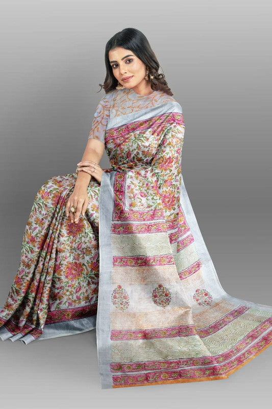 Grey & Multi Coloured Linen Cotton Beautiful Hand Block printed Women Daily/Party wear Saree with Blouse!!