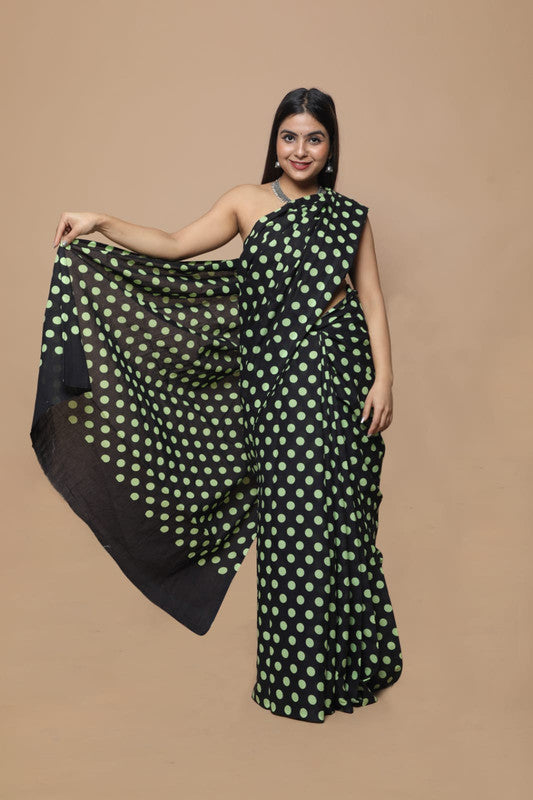 Black & Green Coloured Exclusive Hand Printed Mul Cotton Saree with Blouse!!