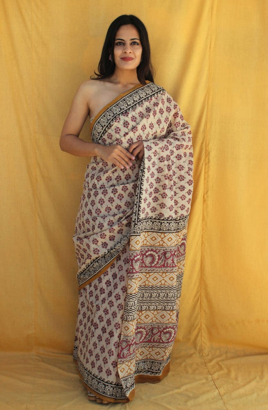 Beige & Multi Coloured Pure Cotton Beautiful Hand Block printed Women Daily/Party wear Saree with Blouse!!