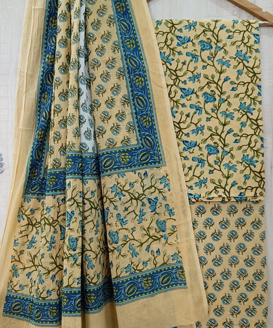 Light Yellow & Multi Coloured Unstitched Pure Cotton Hand Block Printed Women Party/Daily wear Dress Material Suit- Top with Bottom & Cotton Dupatta!!