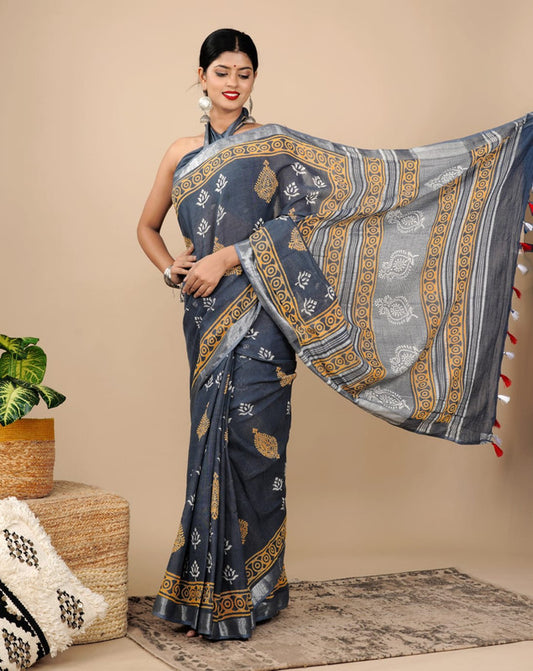 LINEN COTTON HAND PRINTED  SAREE WITH TAUSSAL