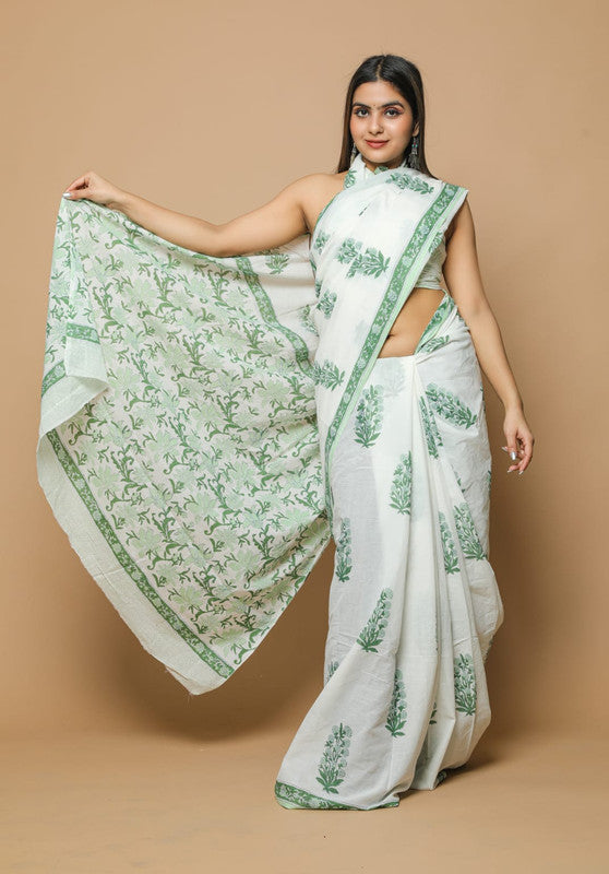 White & Green Beautiful Hand Block Printed Cotton Saree with Blouse!!