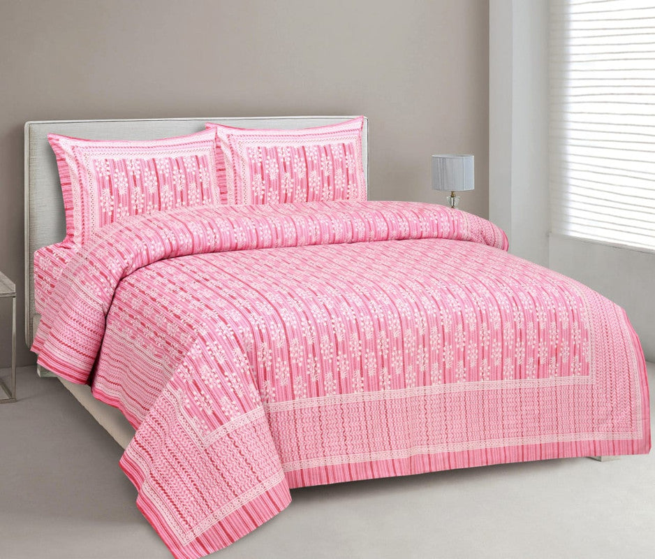 Pink & Multi Coloured Pure Cotton Beautiful Hand Printed Queen size Double Bed sheet with 2 Pillow covers!!