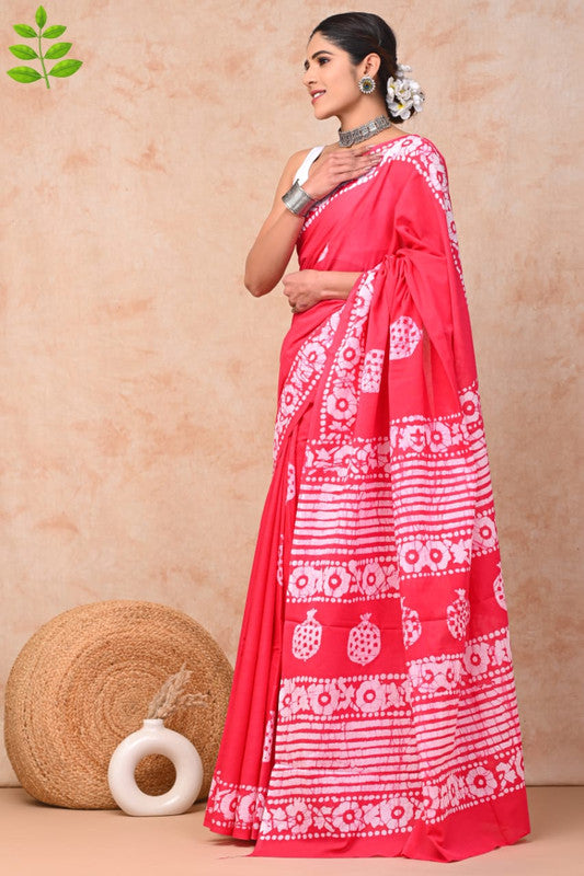 Dark Pink & White Coloured Pure Cotton Beautiful Hand Block printed Women Daily/Party wear Saree with Blouse!!