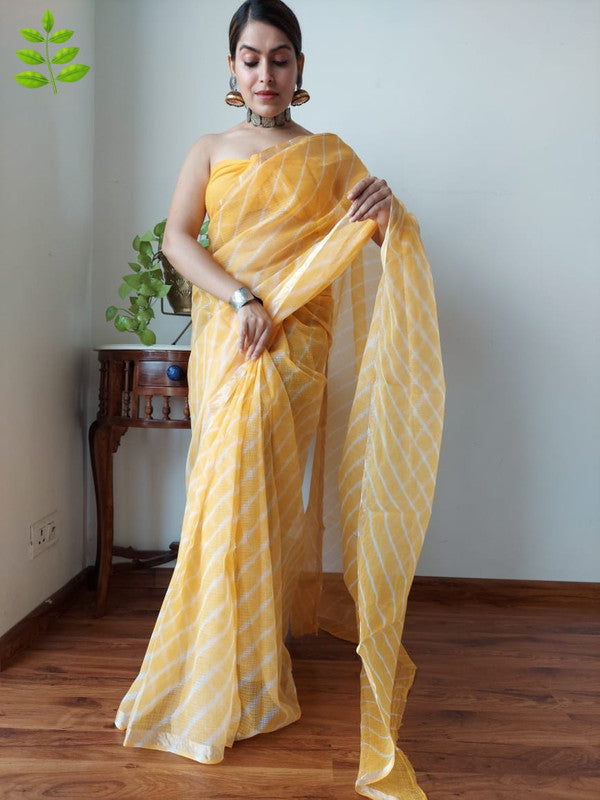 Yellow & White Coloured Kota Doriya Cotton Beautiful Hand Block printed Women Daily/Party wear Saree with Blouse!!