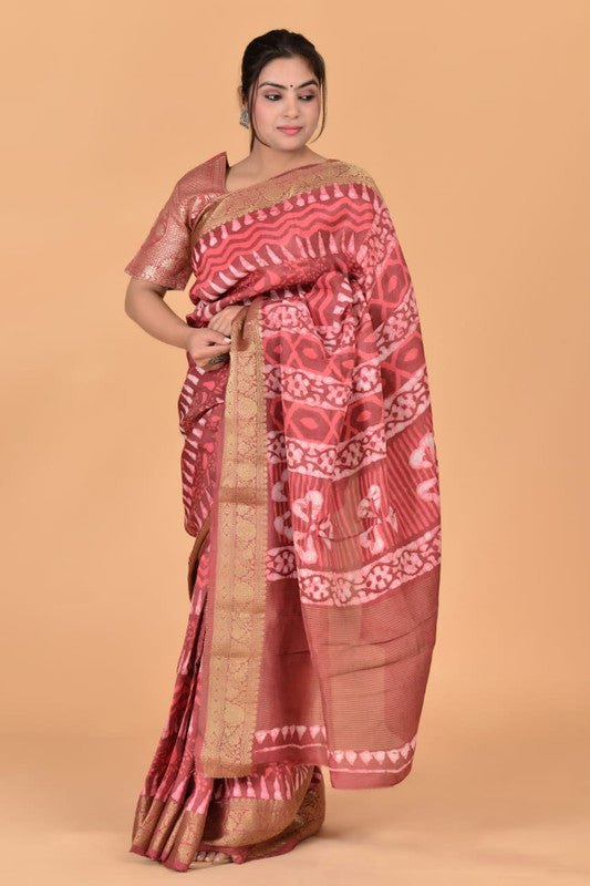 Pink & Multi Coloured Hand Block Printed Silk border Chit Pallu Women Designer Party wear Cotton Silk Saree with Zari Blouse!!