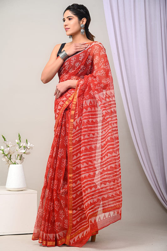 Red & Multi Coloured Kota Doriya Cotton Beautiful Hand Block printed Women Daily/Party wear Saree with Blouse!!