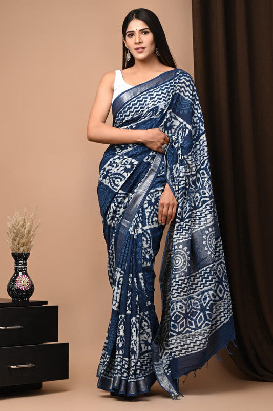 Latest Attractive Beautiful Designer Hand Block Print Linen Saree