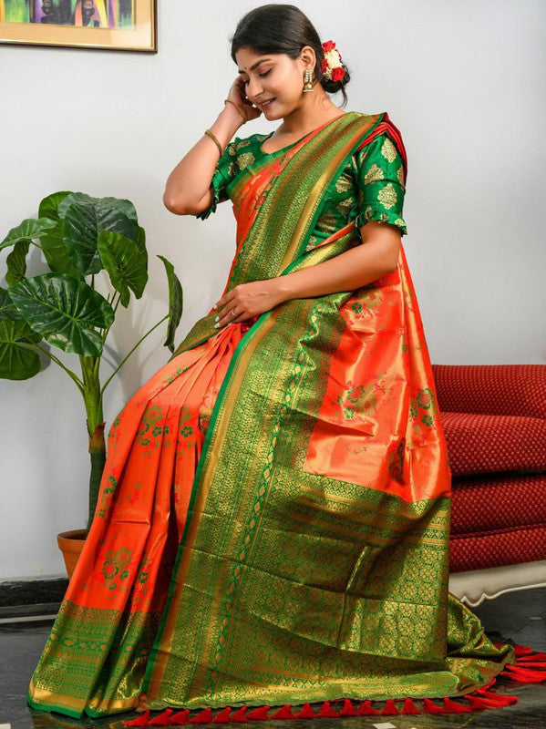 Orange & Green Coloured Antique Weaving Heavy Golden Contrast Big Border Women Designer Party wear Pure Soft Kanjivaram Silk Saree with Blouse!!