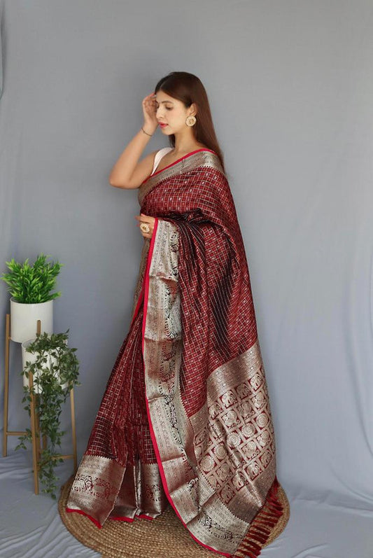 Maroon & Red Coloured Beautiful Shiny Checks with Rich Pallu and attractive Border Women Designer Party wear Soft Silk Saree with Blouse!!